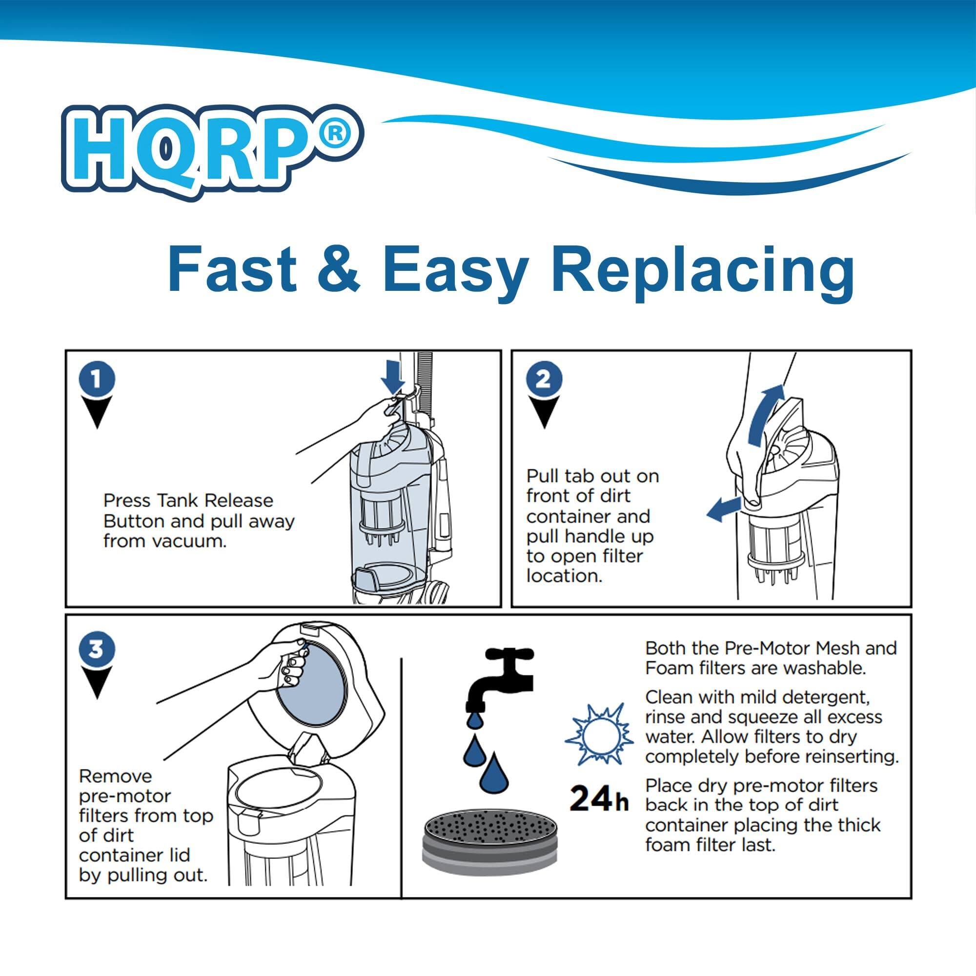 HQRP Fast & Easy Replacing

1. Press Tank Release Button and pull away from vacuum.
2. Pull tab out on front of dirt container and pull handle up to open filter location.
3. Remove pre-motor filters from top of dirt container lid by pulling out.

Both the Pre-Motor Mesh and Foam filters are washable. Clean with mild detergent, rinse and squeeze all excess water. Allow filters to dry completely before reinserting. Place dry pre-motor filters back in the top of dirt container placing the thick foam filter last.