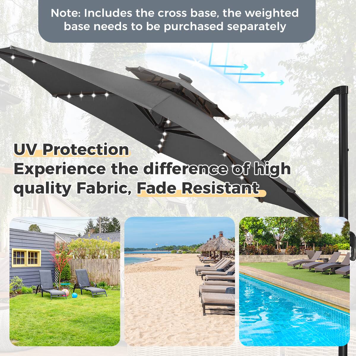 Note: Includes the cross base, the weighted base needs to be purchased separately

UV Protection  
Experience the difference of high quality Fabric, Fade Resistant