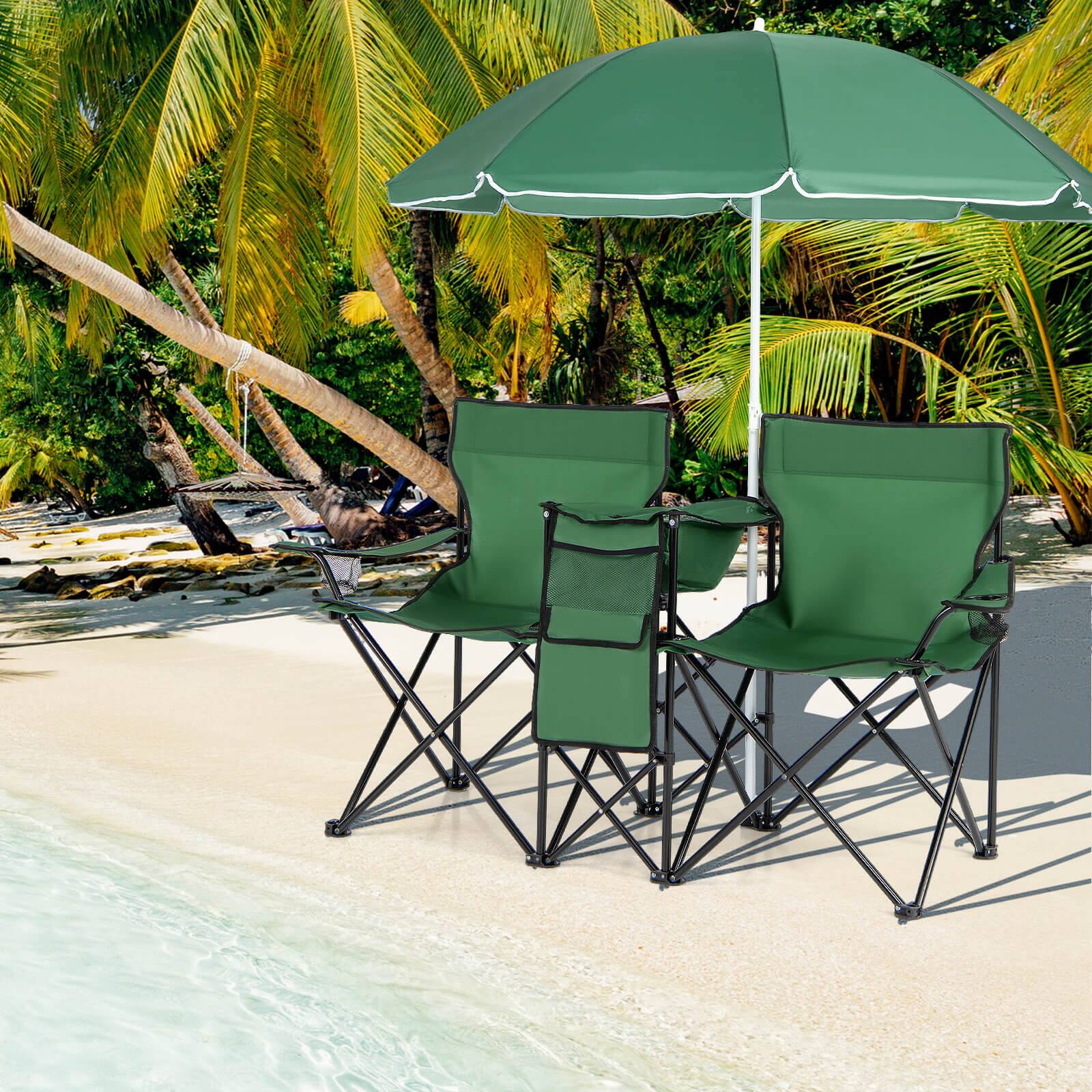 Alt View 2. Costway - Costway Portable Folding Picnic Double Chair with Umbrella Table Cooler Beach Camping - Green.