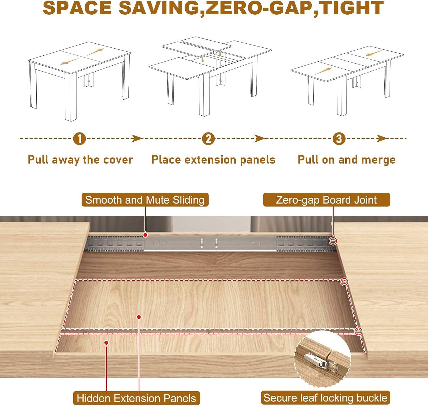 SPACE SAVING, ZERO-GAP, TIGHT

1. Pull away the cover
2. Place extension panels
3. Pull on and merge

Smooth and Mute Sliding
Zero-gap Board Joint
Hidden Extension Panels
Secure leaf locking buckle