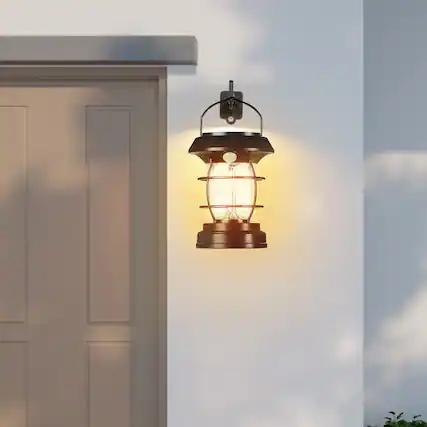 Front. Oumilen - 3-in-1 Solar Motion Sensor Vintage Lantern Lights – Warm Filament LED IP44 Wall Hanging Table Decor Lamp with PIR Sensor.