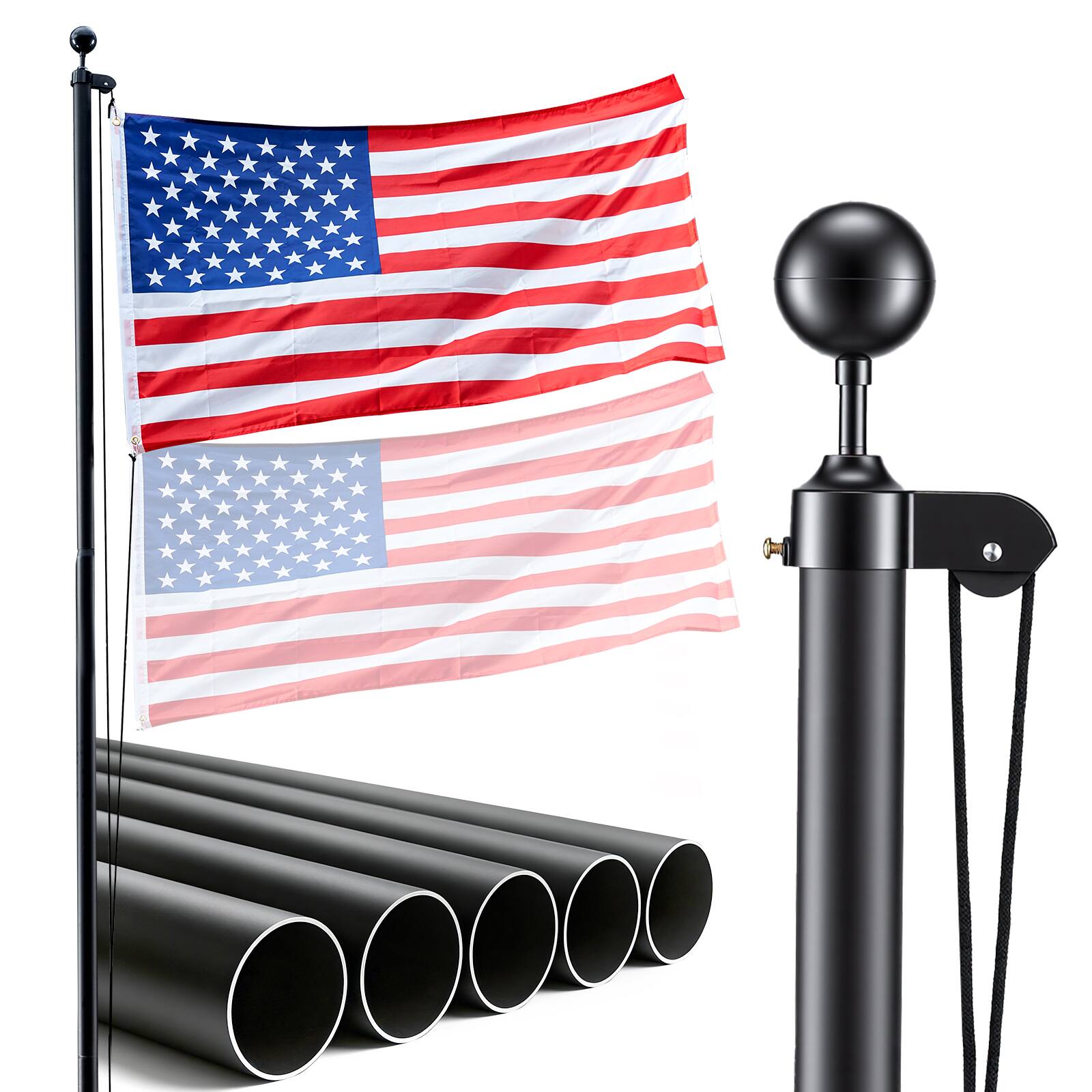 Front. VEVOR - Flag Pole, 20ft Heavy Duty Sectional Flagpole Kit for Outside House In Ground, Extra Thick Outdoor Aluminum Flagpole Kit - Black.