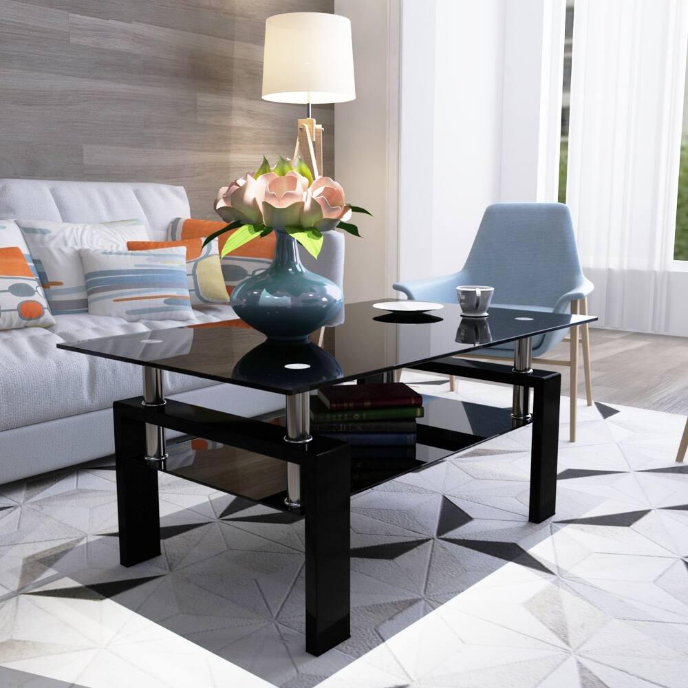 Left. Loheer - Loheer Black Glass Coffee Table Modern Clear Center Table Living Room Furniture - Black.
