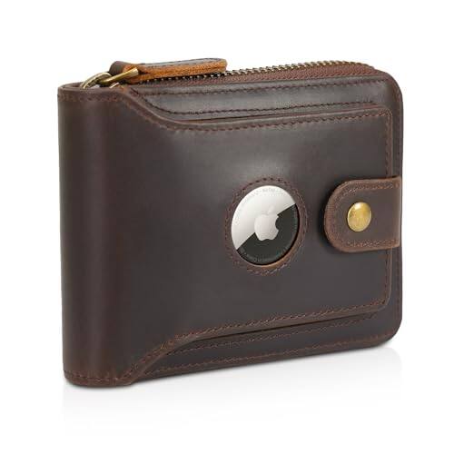 Front. Vulpecula Spade - Polare Full Grain Leather Wallet for Men Bifold RFID Blocking Cash Credit Card Case with Air Tag Slot and YKK Zip Coin - Dark Brown with AirTag Slot.