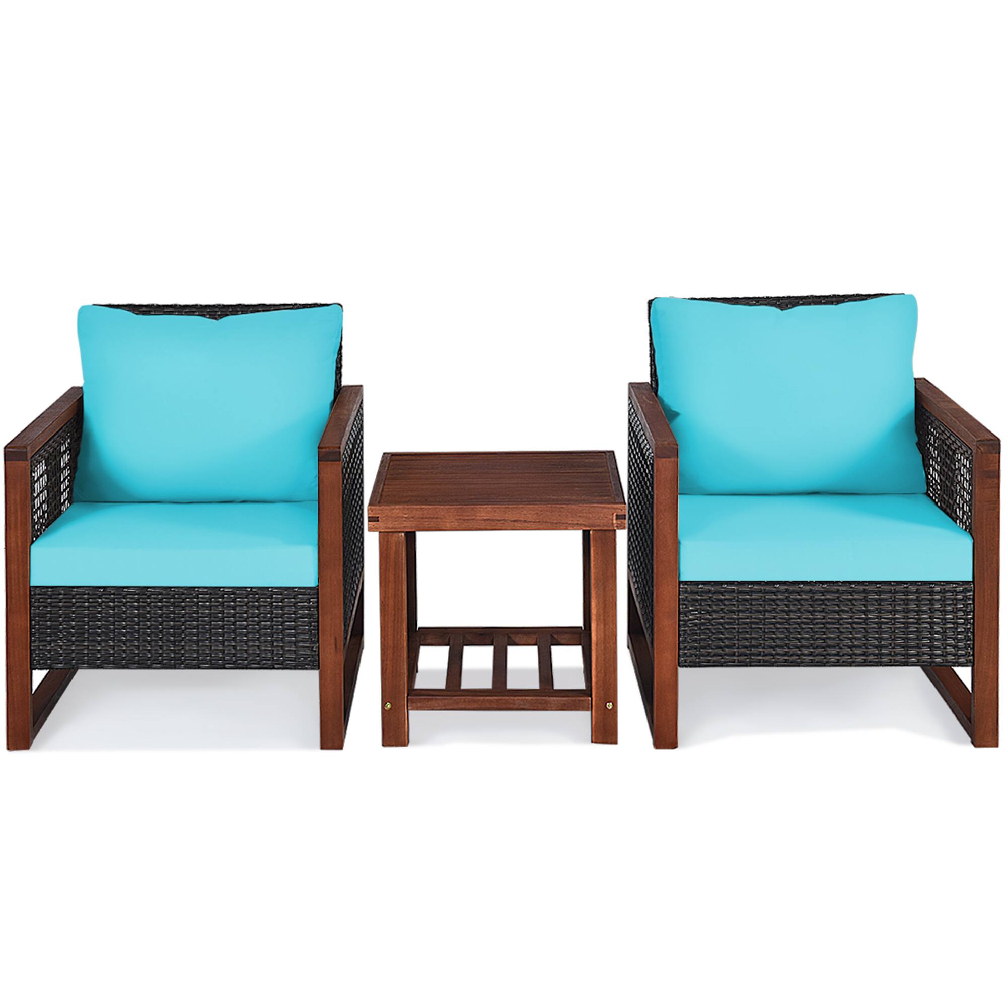 Alt View 1. Gymax - Gymax 3PCS Rattan Wicker Patio Conversation Set Outdoor Furniture Set w/ Turquoise Cushion - Turquoise.