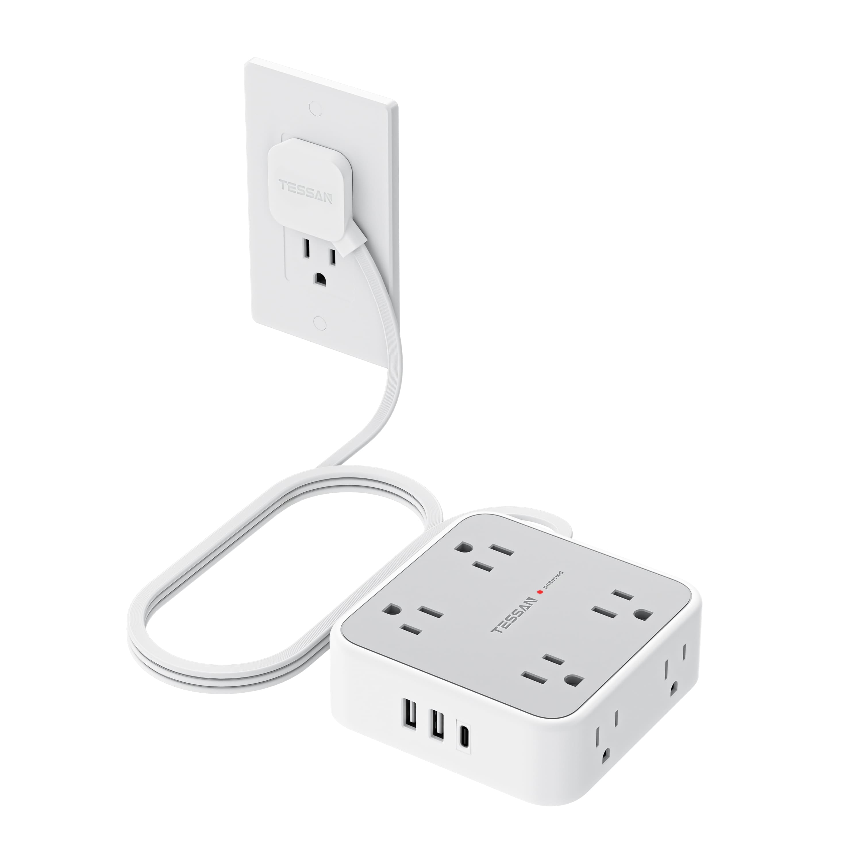 TESSAN - 5 Ft Flat Plug Extension Cord with 3 USB (1 USB C) 8 Outlets - Gray