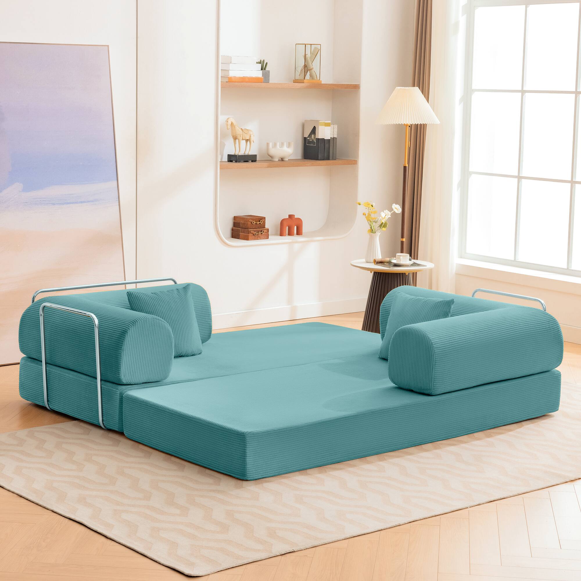 Left. KERDOM - 78 Inch W Sectional Modular Sofa, 3-4 Person Corduroy Sofa Bed Foldable, High Rebound Density Sponge Sofa, Block Couch - Aqua Blue.