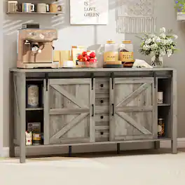 Homcom - 59 Inch Farmhouse Sideboard Buffet Cabinet with Thick Top, Coffee Bar Cabinet with 2 Sliding Barn Doors - Gray Wash