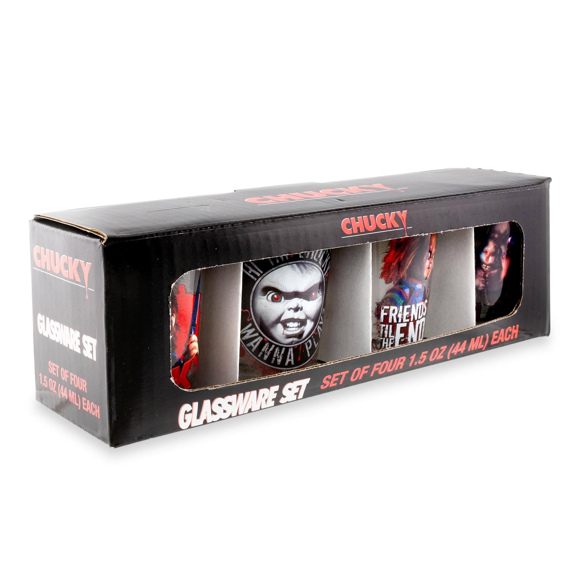 CHUCKY GLASSWARE SET  
SET OF FOUR 1.5 OZ (44 ML) EACH  

CHUCKY  
FRIENDS TILL THE END  
SET OF FOUR 1.5 OZ (44 ML) EACH