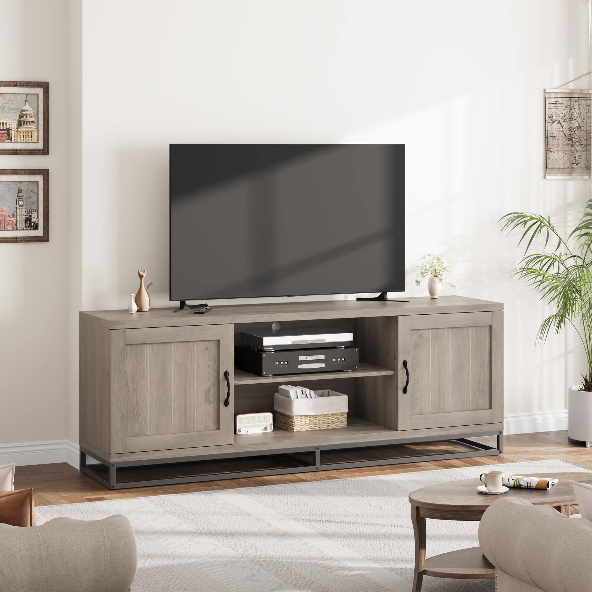 Alt View 1. GAOMON - GAOMON 63" Farmhouse TV Stand with Metal Legs & Adjustable Shelves for 75" TVs, Media Console for Living Room - Gray.