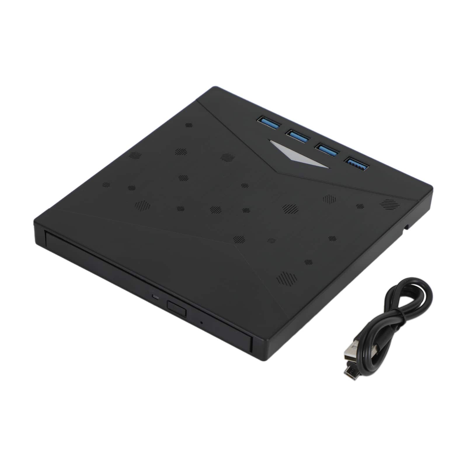 Topteng - 7-in-1 External DVD Drive with 4-Port USB 3.0 Hub & Card Reader - CD/DVD Burner, USB-C for Laptop/PC/Mac - Black