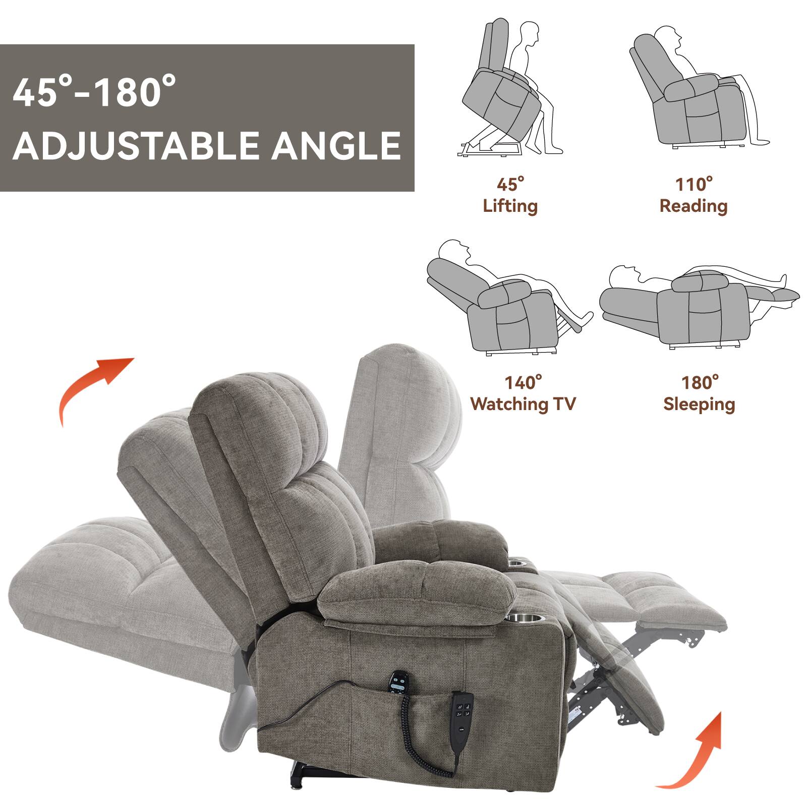 45°-180° Adjustable Angle

45° Lifting  
110° Reading  
140° Watching TV  
180° Sleeping