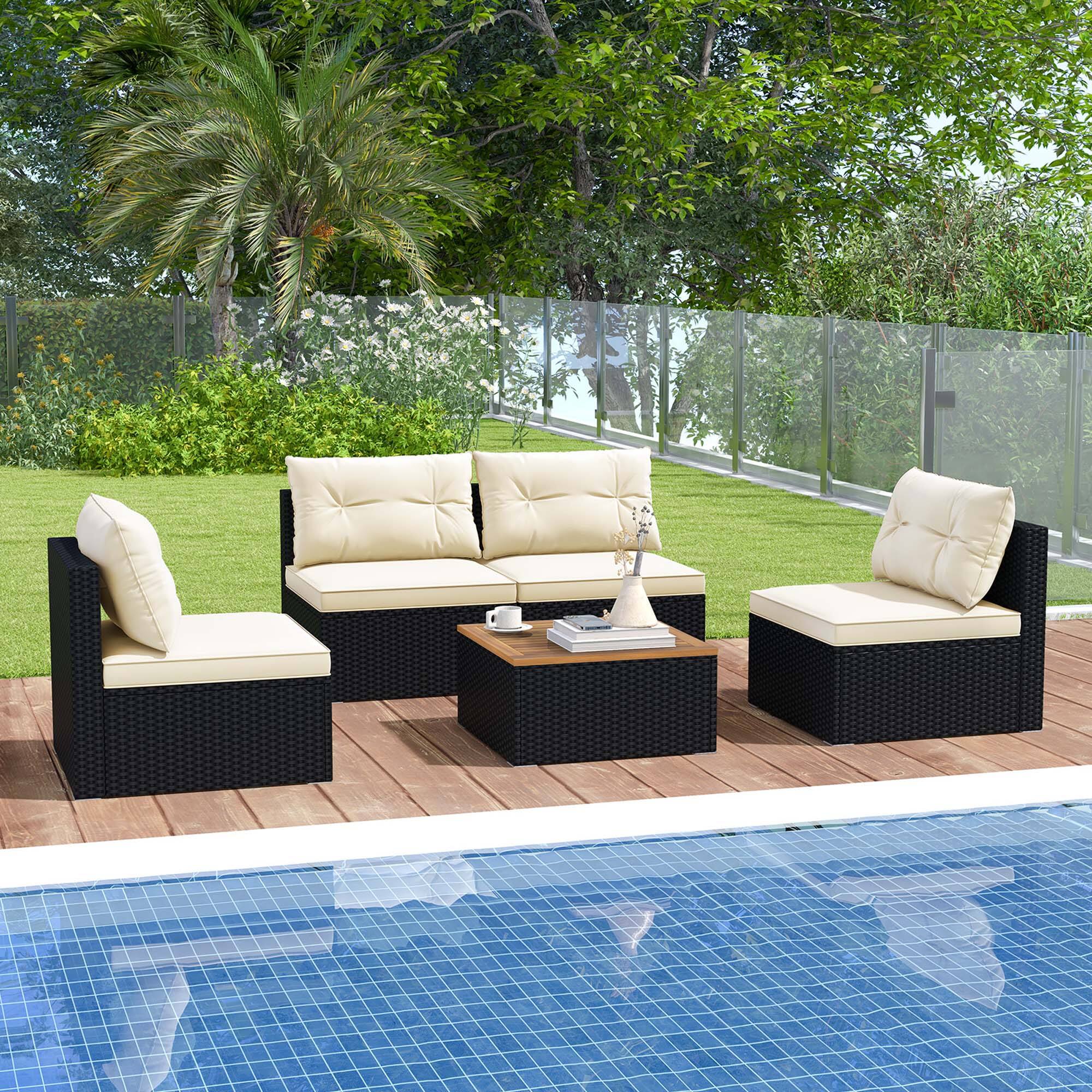 Alt View 1. Costway - Costway 5 Piece Outdoor Furniture Set with Seat & Back Cushions Acacia Wood Tabletop - Black,Off White.