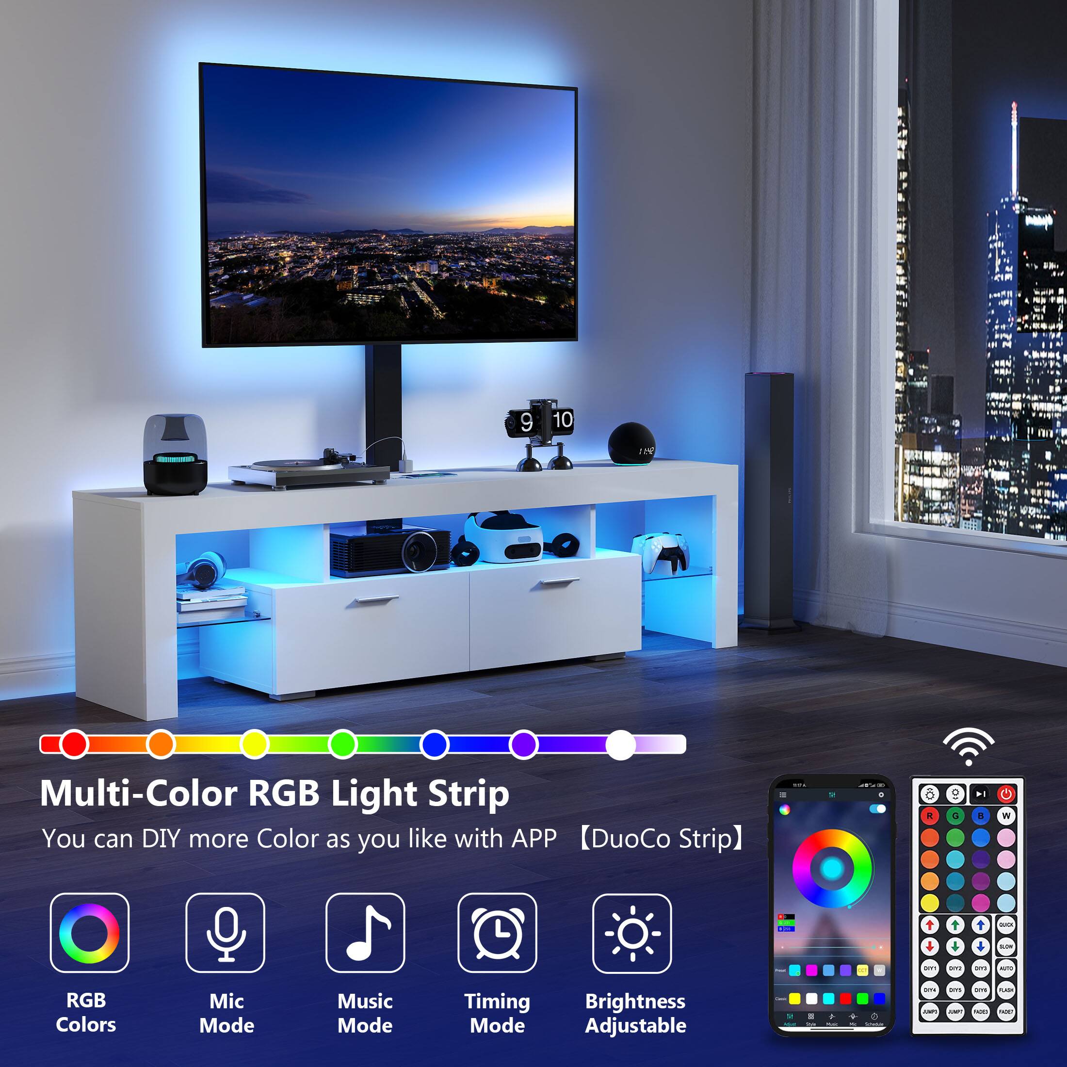 9 10 Multi-Color RGB Light Strip. You can DIY more Color as you like with APP DuoCo Strip. RGB Colors, Mic Mode, Music Mode, Timing Mode, Brightness Adjustable.