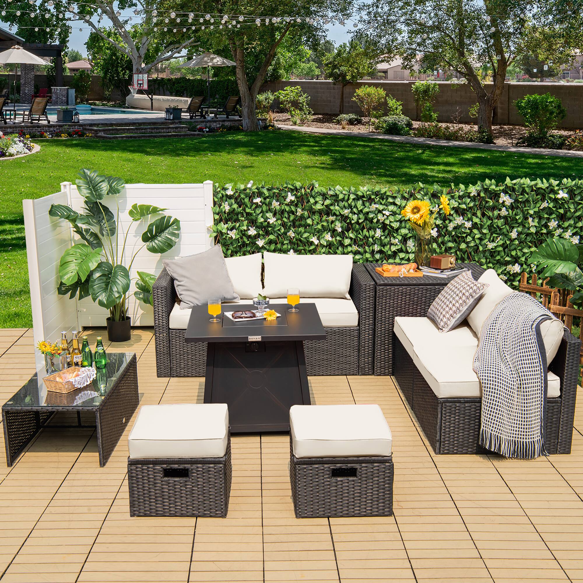 Alt View 2. Costway - Costway 9PCS Patio Rattan Furniture Set Fire Pit Space-saving W/Cover Cushion cover - Off White.