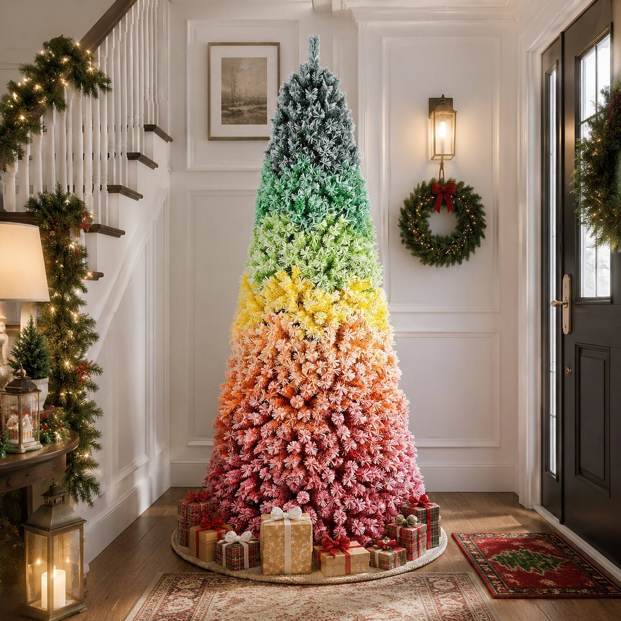 Alt View 1. RYHNUYNE - 6Ft Rainbow Gradient Flocked PVC Christmas Tree, 1326 Tips Colorful Full-Bodied Pine Snowy Finish Hinged Design - Colorful.