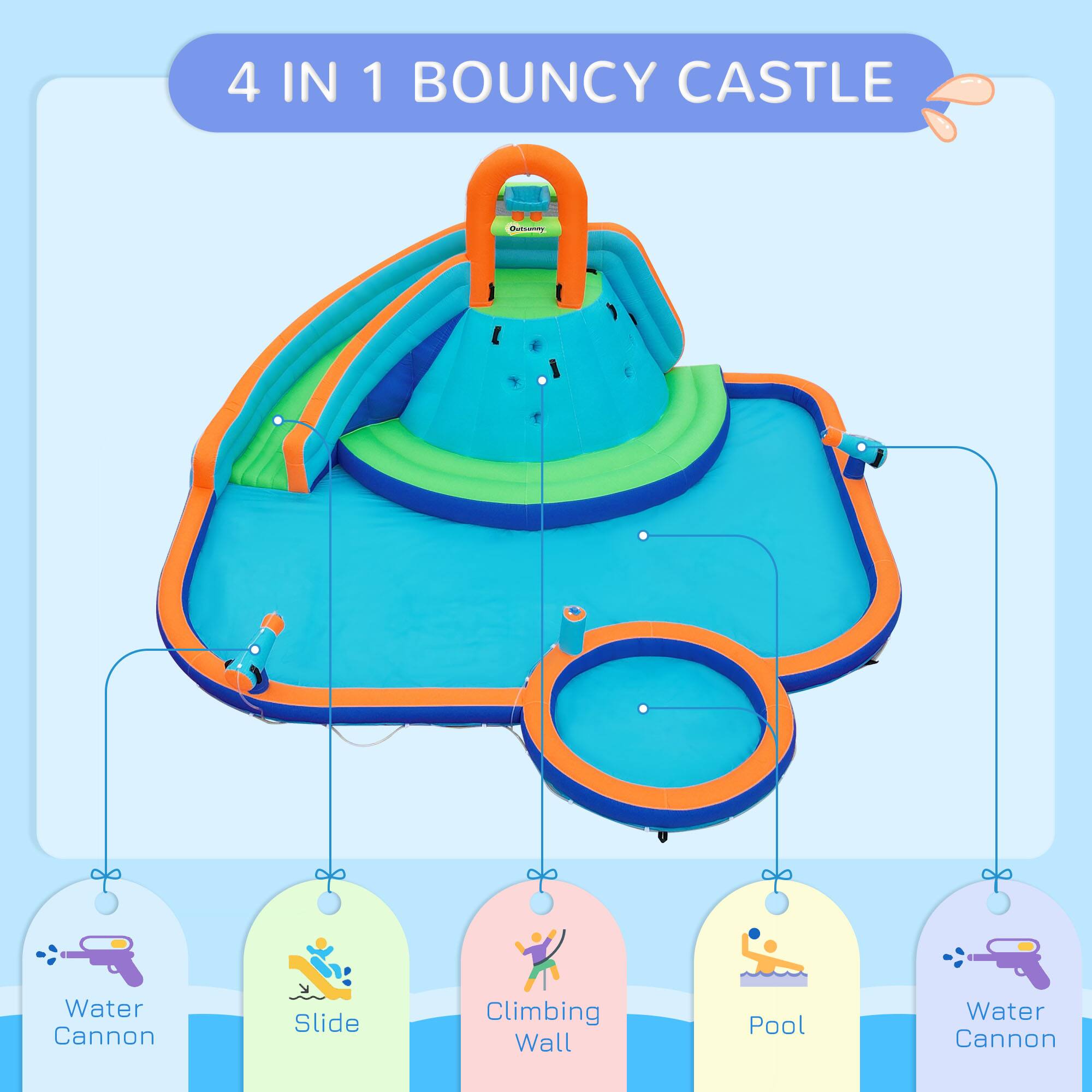 4 IN 1 BOUNCY CASTLE

- Water Cannon
- Slide
- Climbing Wall
- Pool
- Water Cannon