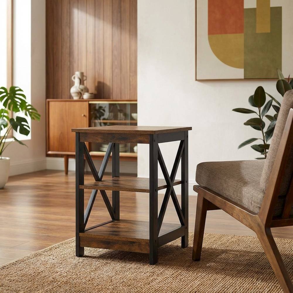 Back. FurniFact - Barnwood and Black Finish End Table with Shelving for Stylish Living Spaces - Barnwood/Black.