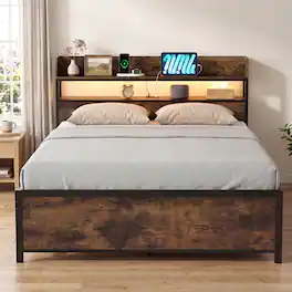 Costway - Queen Bed Frame with LED Lights Power Outlets Storage Headboard Metal Slat Support - Rustic Brown