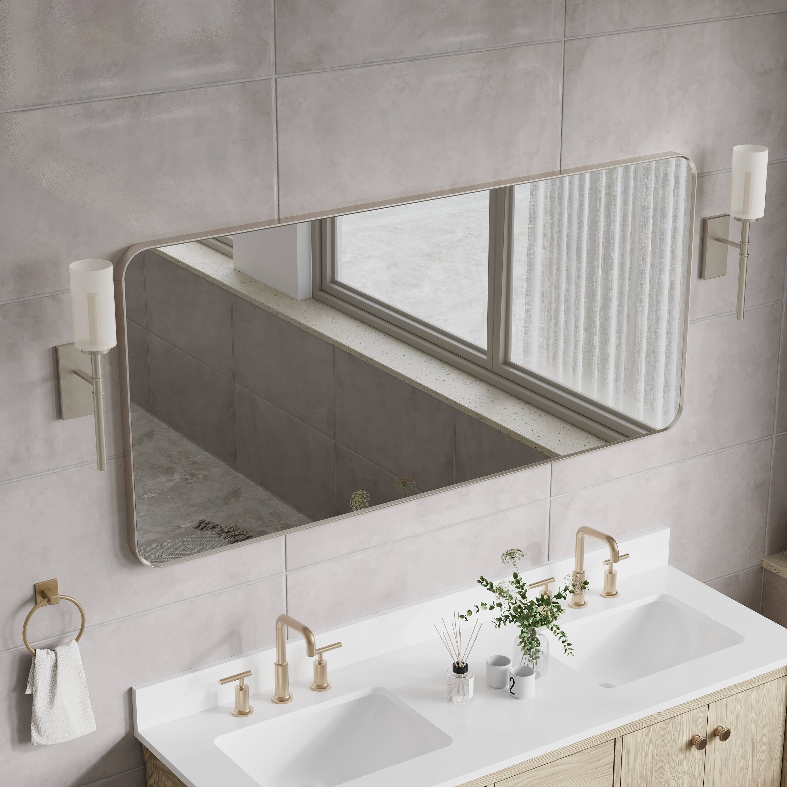 Alt View 1. WELLFOR - 60 in. W x 28 in. H Rectangular Aluminum Framed Wall Bathroom Vanity Mirror Large Decorative Mirror - Brushed Nickel.