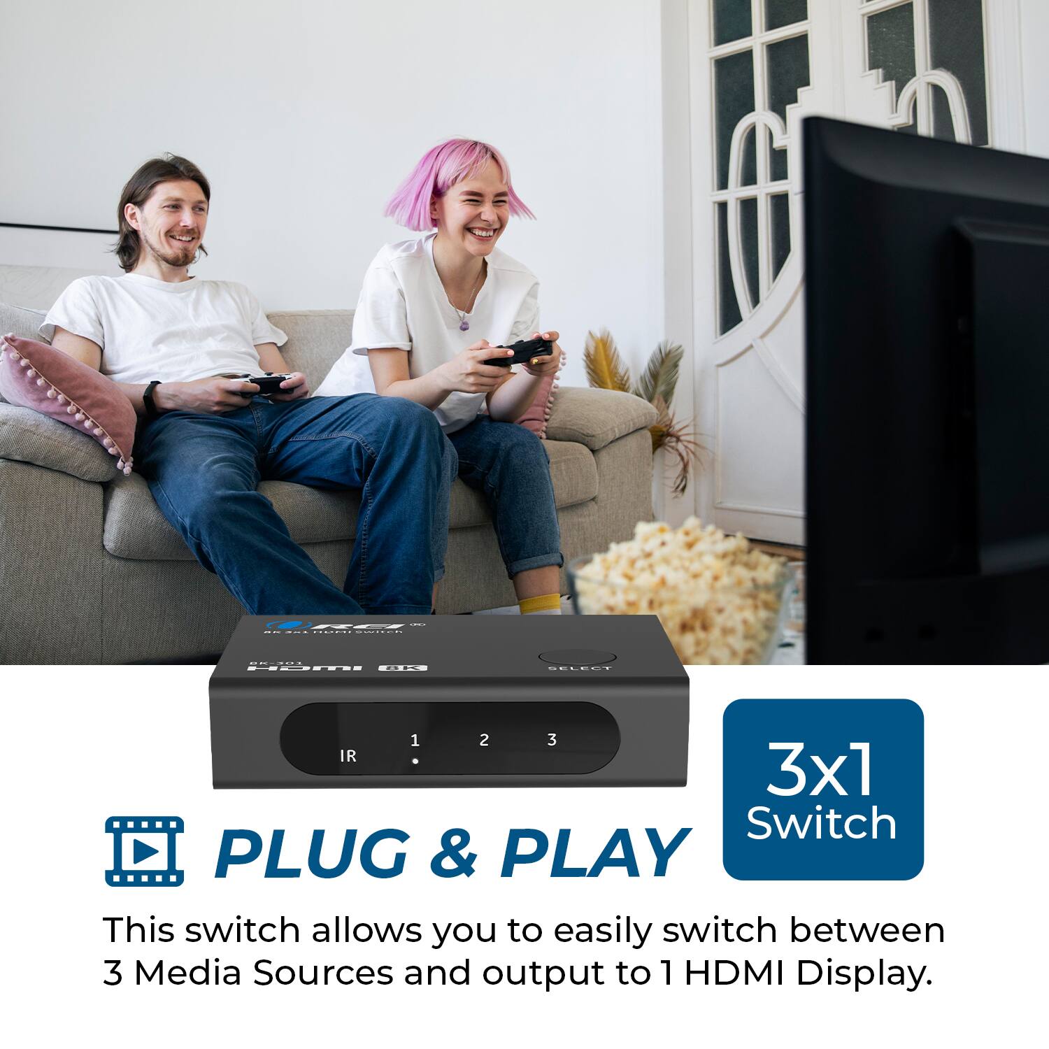 NSETORION | 3x1 Switch PLUG & PLAY This switch allows you to easily switch between 3 Media Sources and output to 1 HDMI Display.