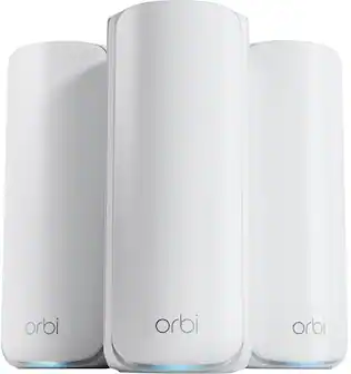 The text on the image reads "orbi orbi orbi," which indicates that there are three white Orbi devices in the image.