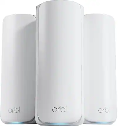The text on the image reads "orbi orbi orbi," which indicates that there are three white Orbi devices in the image.