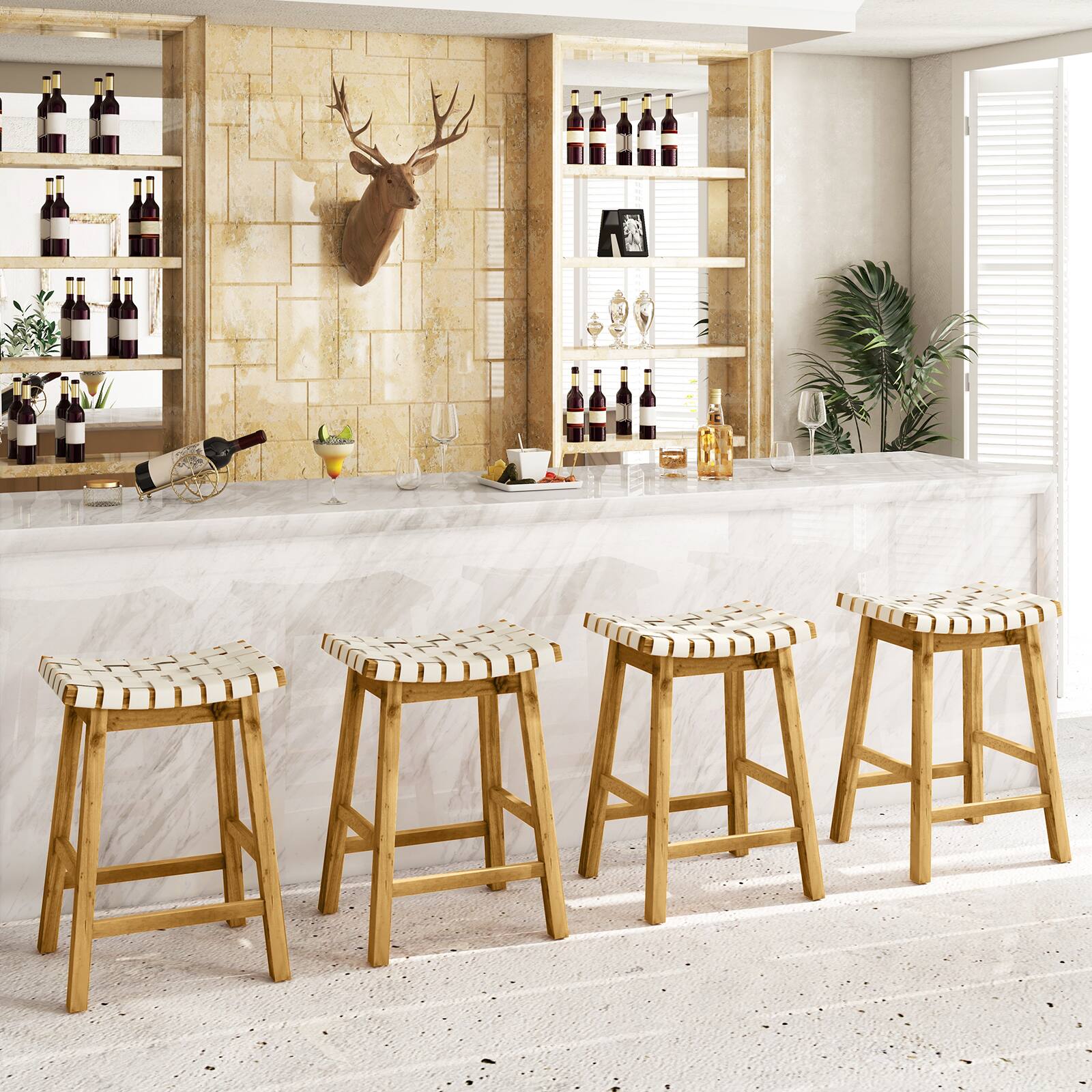 Alt View 1. Gymax - Gymax 4 PCS Woven Saddle Stools 25.5'' Faux PU Leather Counter Height Kitchen Stool - Beige.
