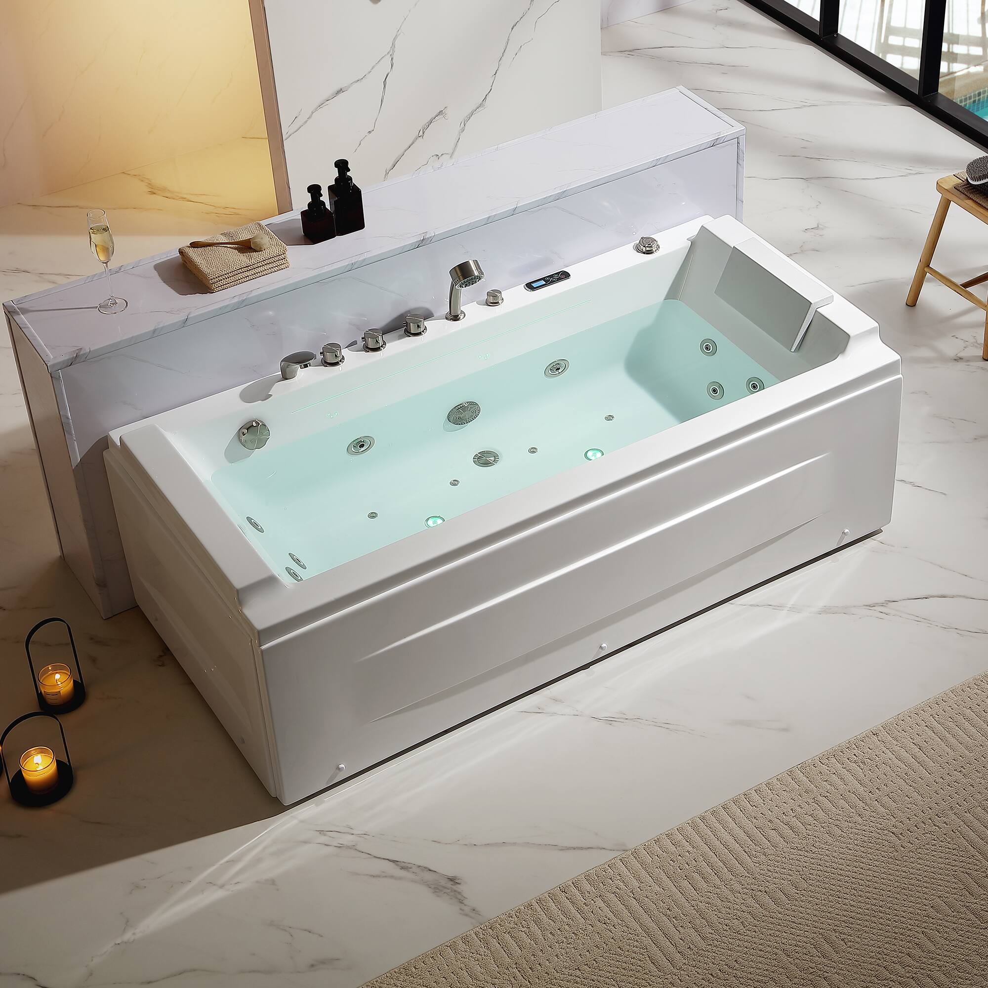 Angle. Empava - 71 in. x 29 in. Alcove Whirlpool Air Combination Bathtub Rectangular Bath with Left Drain-in White - White.