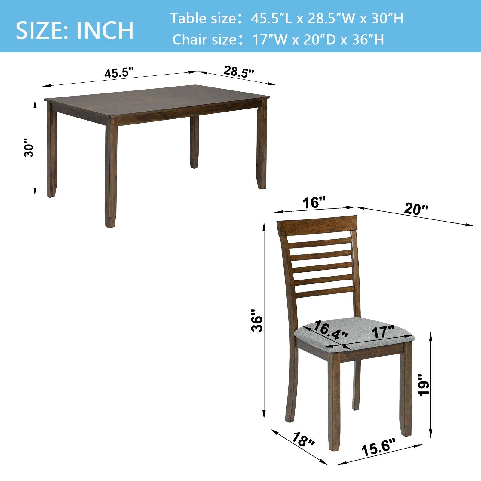 SIZE: INCH

Table size: 45.5"L x 28.5"W x 30"H

Chair size: 17"W x 20"D x 36"H

45.5" 28.5" 30" 16" 20" 36" 16.4" 17" 19" 18" 15.6"