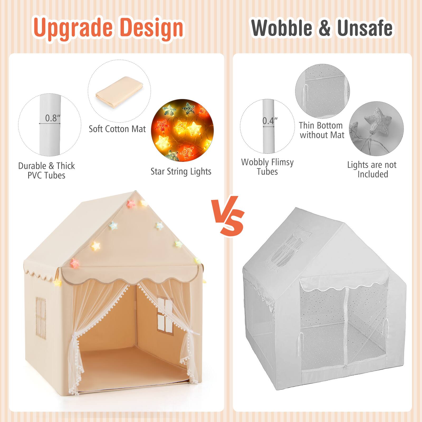 Upgrade Design

- Durable & Thick PVC Tubes
- 0.8" Soft Cotton Mat
- Star String Lights

Wobble & Unsafe

- 0.4" Thin Bottom without Mat
- Wobbly Flimsy Tubes
- Lights are not Included