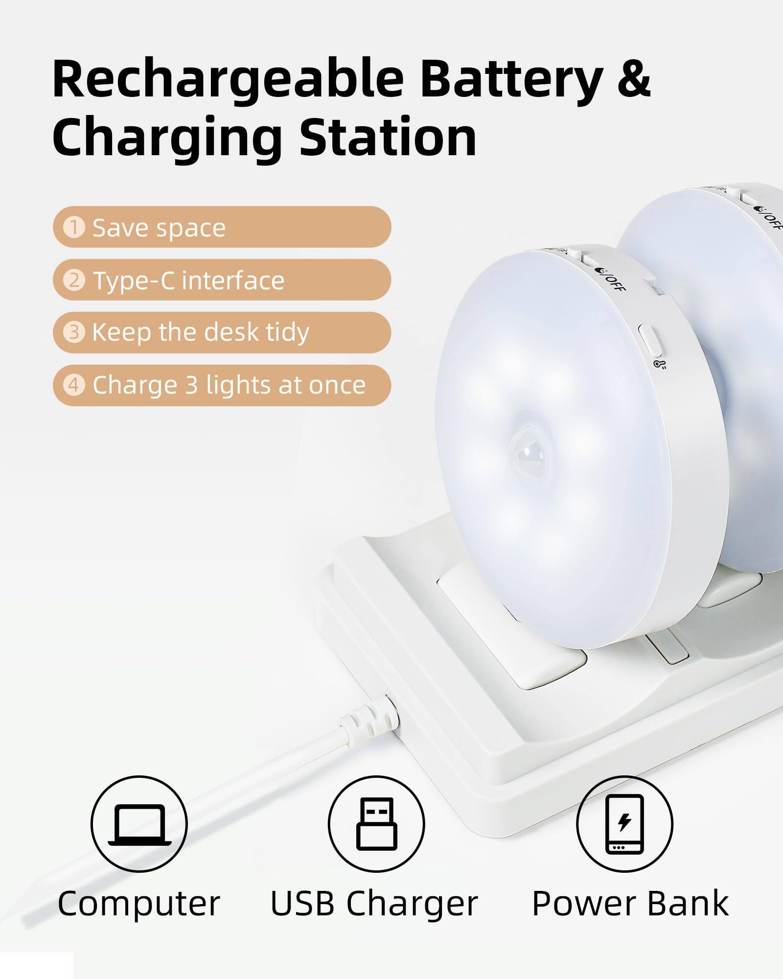 Rechargeable Battery & Charging Station

1. Save space
2. Type-C interface
3. Keep the desk tidy
4. Charge 3 lights at once

Computer USB Charger Power Bank