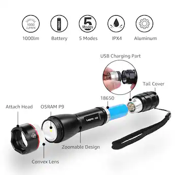 1000 lumen usb rechargeable led flashlight DOVER grade aluminum Husky 1000 Lumens Dual Power