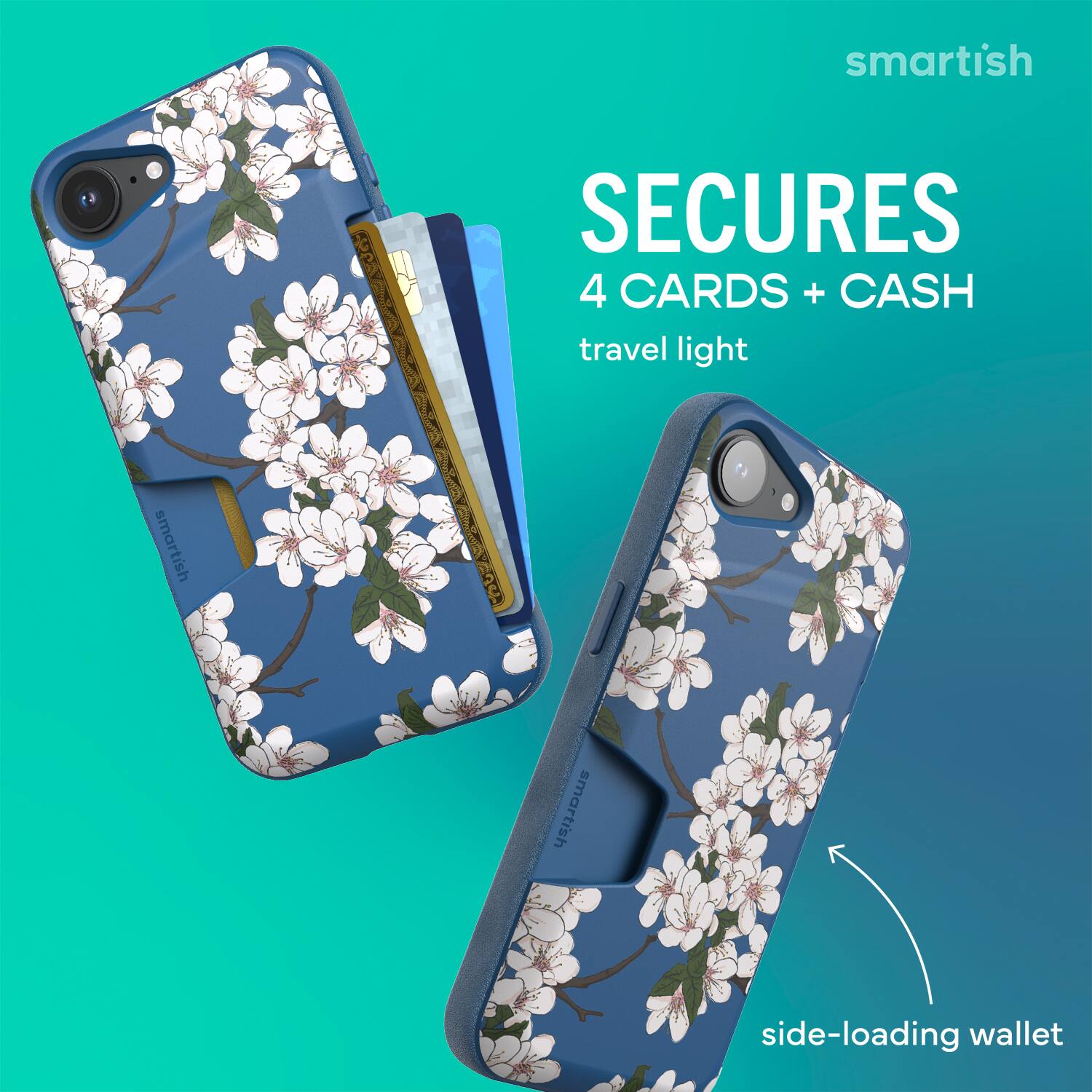 smartish  
SECURES  
4 CARDS + CASH  
travel light  
side-loading wallet