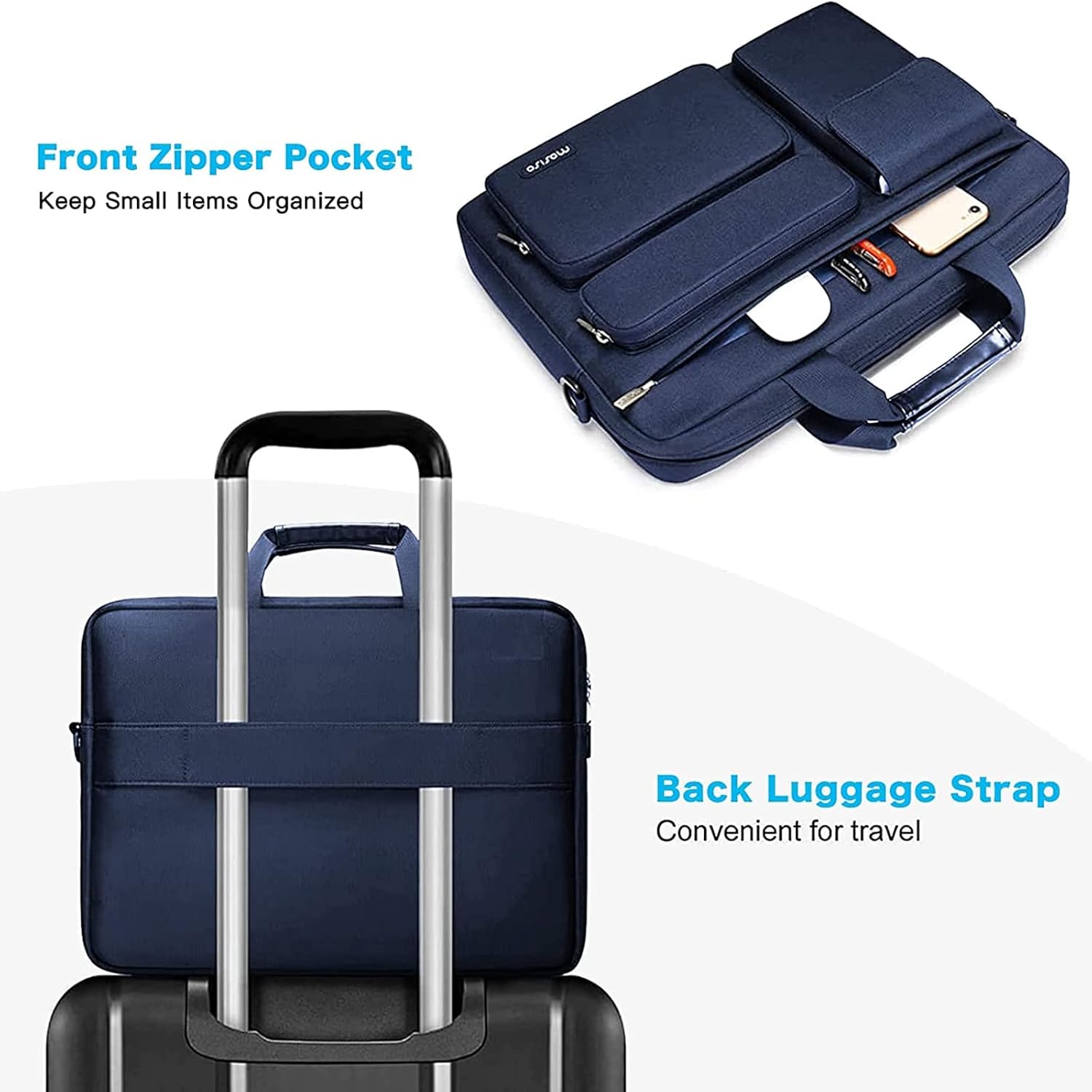 Front Zipper Pocket  
Keep Small Items Organized  

Back Luggage Strap  
Convenient for travel