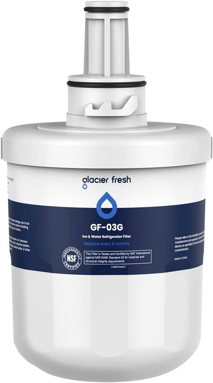 Glacier Fresh GF-03G Ice & Water Refrigerator Filter  
Replace every 6 months  

This Filter is Tested and Certified by NSF International against NSF/ANSI Standard 42 for materials and NSF structural integrity requirements.  

CERTIFIED COMPONENT  

Please refer to the maintenance and specified device contaminants Mode in China.  

Made in China