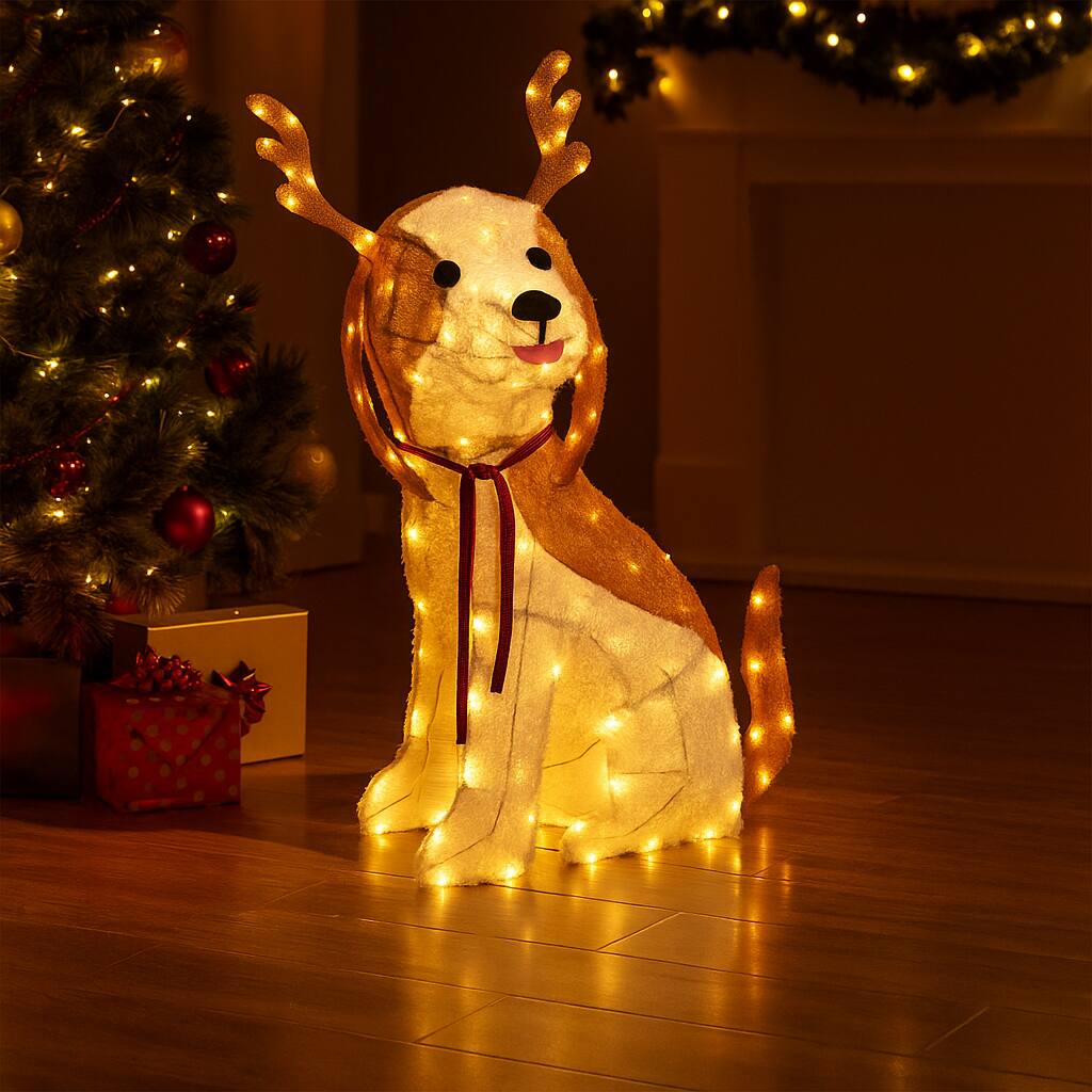 Angle. BreeBe - Christmas Dog Figure with LED Lighting, Ground Stakes, and Zip Ties - Brown.