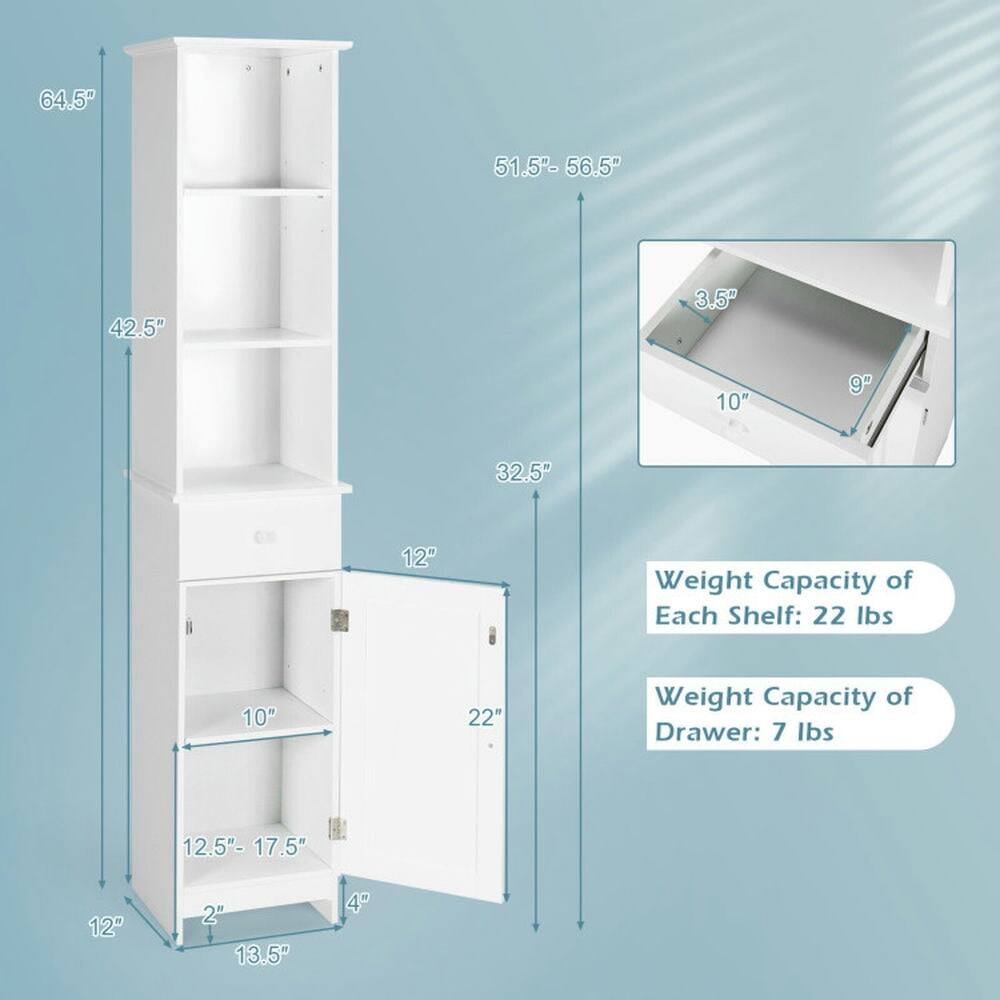 64.5"  
51.5" - 56.5"  
42.5"  
3.5"  
10"  
9"  
32.5"  
12"  
Weight Capacity of Each Shelf: 22 lbs  
Weight Capacity of Drawer: 7 lbs  
12.5" - 17.5"  
12"  
2"  
13.5"  
4"