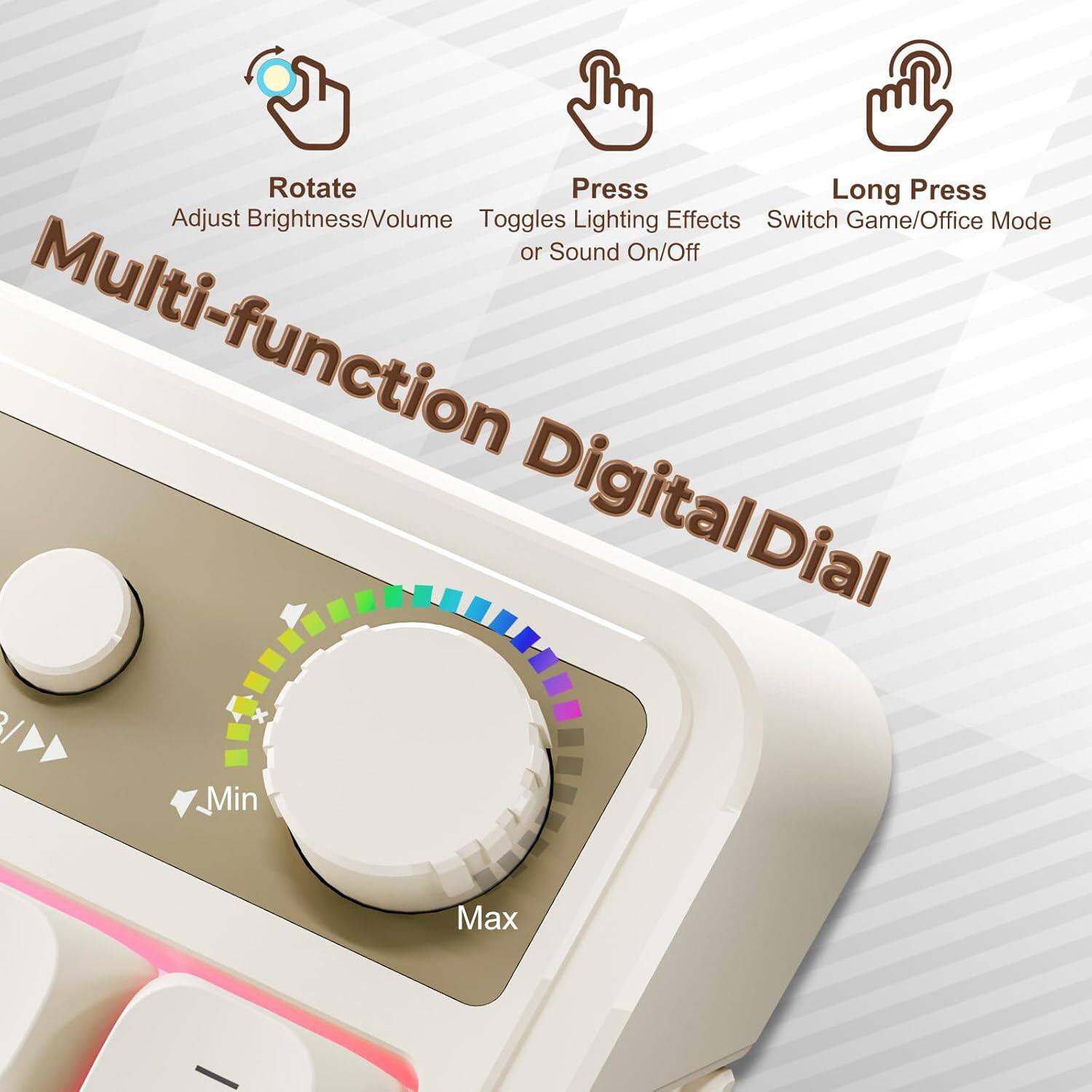 Rotate: Adjust Brightness/Volume  
Press: Toggles Lighting Effects or Sound On/Off  
Long Press: Switch Game/Office Mode  
Multi-function Digital Dial (Min/Max)