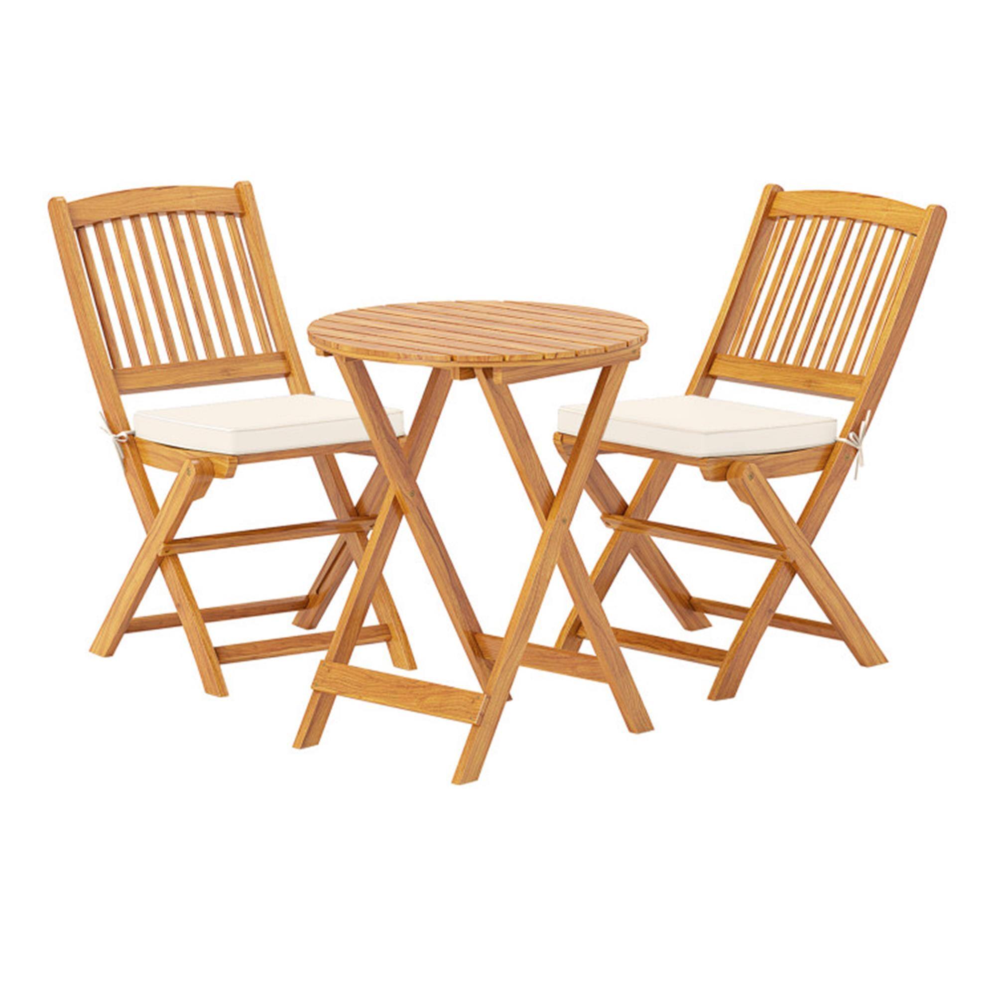 Boyel Living - 3 Pieces Acacia Wood Patio Folding Bistro Set with Soft Cushions - Beige
