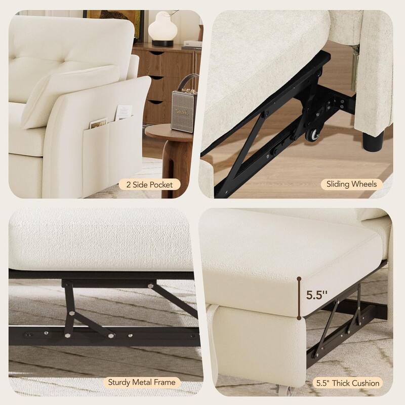 The corrected text is:

- 2 Side Pockets
- Sliding Wheels
- Sturdy Metal Frame
- 5.5" Thick Cushion