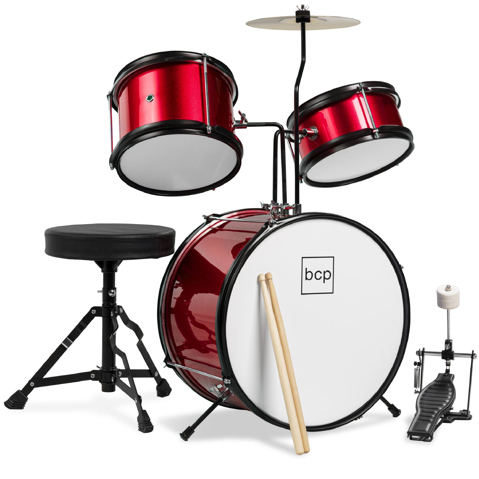 Best Choice Products - Kids Beginner 3-Piece Drum, Musical Instrument Set w/ Sticks, Cushioned Stool, Drum Pedal - Red