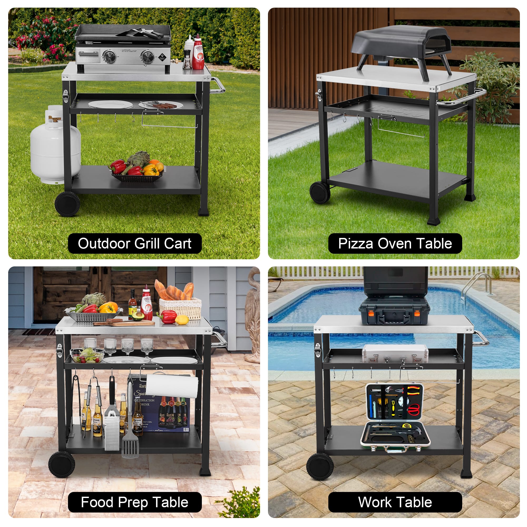 FEASTO 3 Shelf Outdoor Grill Cart with Wheels, Pizza Oven Stand