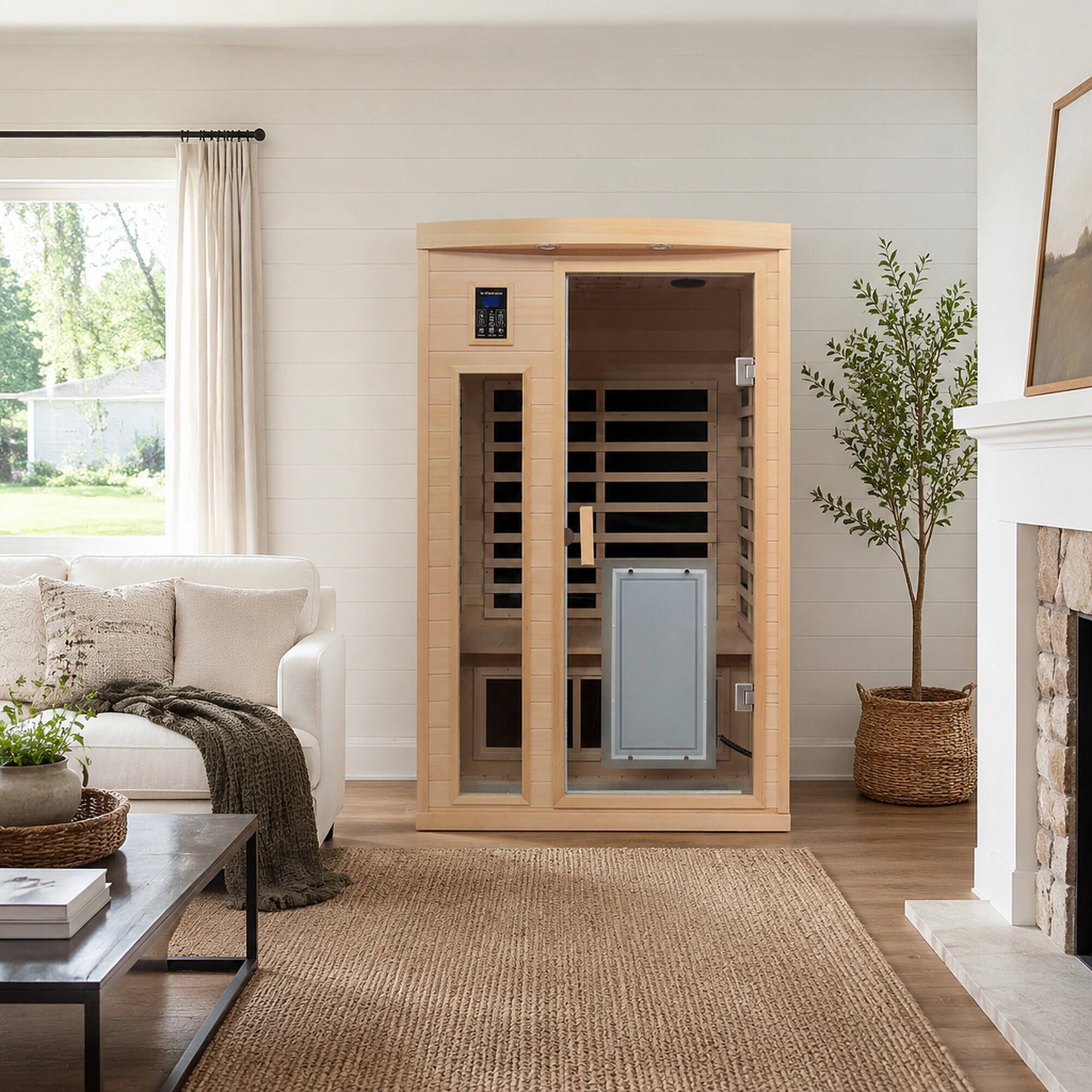 Alt View 1. RYHNUYNE - Far-Infrared 2-Person Indoor Sauna, Hemlock Wood, 8 Heating Panels, 1750W, Low EMF, Bluetooth Audio, 47.2 in Wide - Natural Wood.
