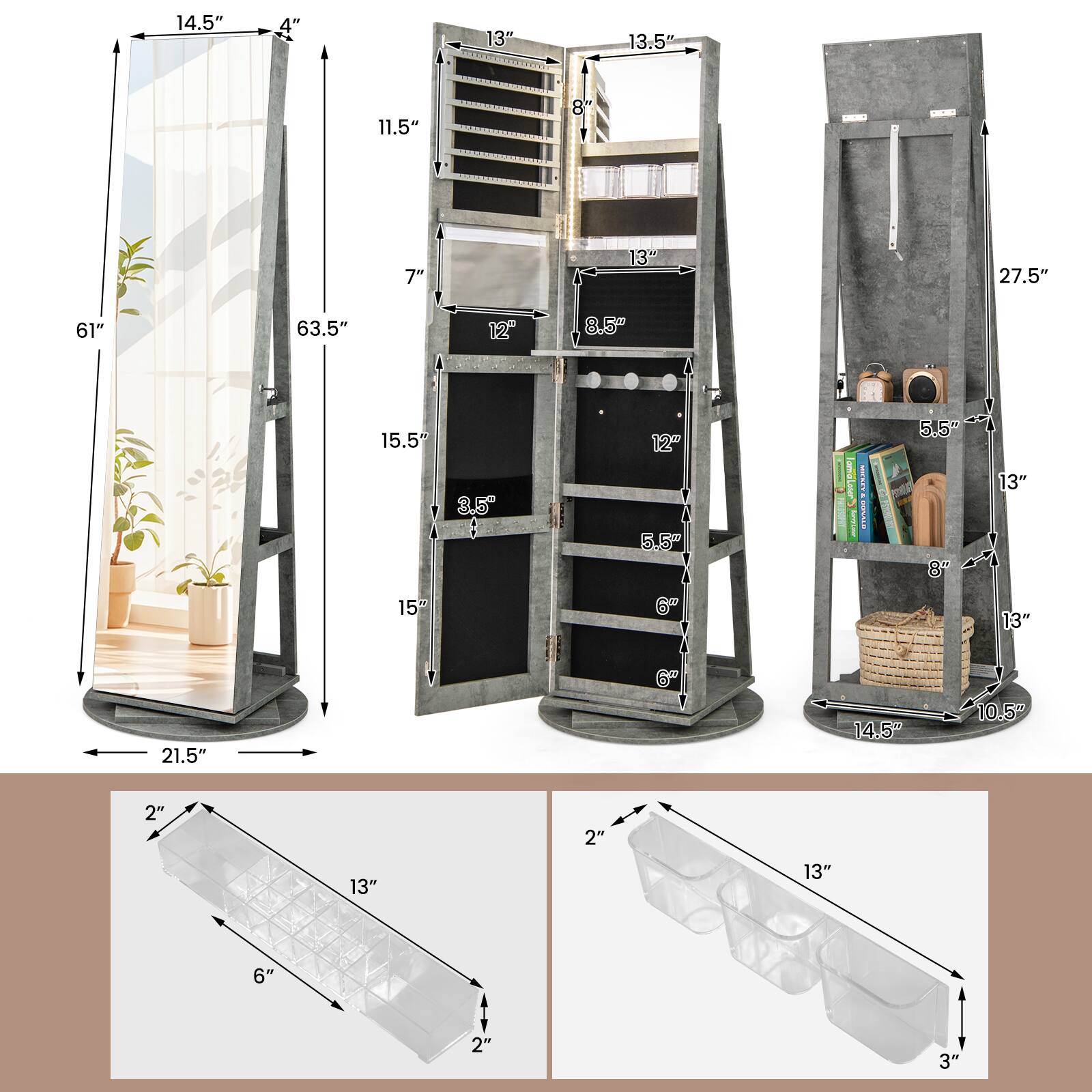 Sure, here is the corrected and grouped text from the image:

- **Left Panel:**
  - Height: 61"
  - Width: 21.5"
  - Depth: 14.5"
  - Top Shelf Depth: 4"
  - Shelf Spacing: 11.5"
  - Shelf Height: 7"
  - Bottom Shelf Height: 15.5"
  - Bottom Shelf Depth: 3.5"
  - Total Height: 63.5"

- **Middle Shelf Unit:**
  - Height: 15.5"
  - Width: 13"
  - Shelf Spacing: 12"
  - Shelf Depth: 8.5"
  - Shelf Height: 13"
  - Shelf Depth: 13"
  - Shelf Height: 13"
  - Shelf Depth: 13"
  - Shelf Height: 13"
  - Shelf Depth: 13"
  - Shelf Height: 13"
  - Shelf Depth: 13"
  - Shelf Height: 13"
  - Shelf Depth: 13"
  - Shelf Height: 13"
  -
