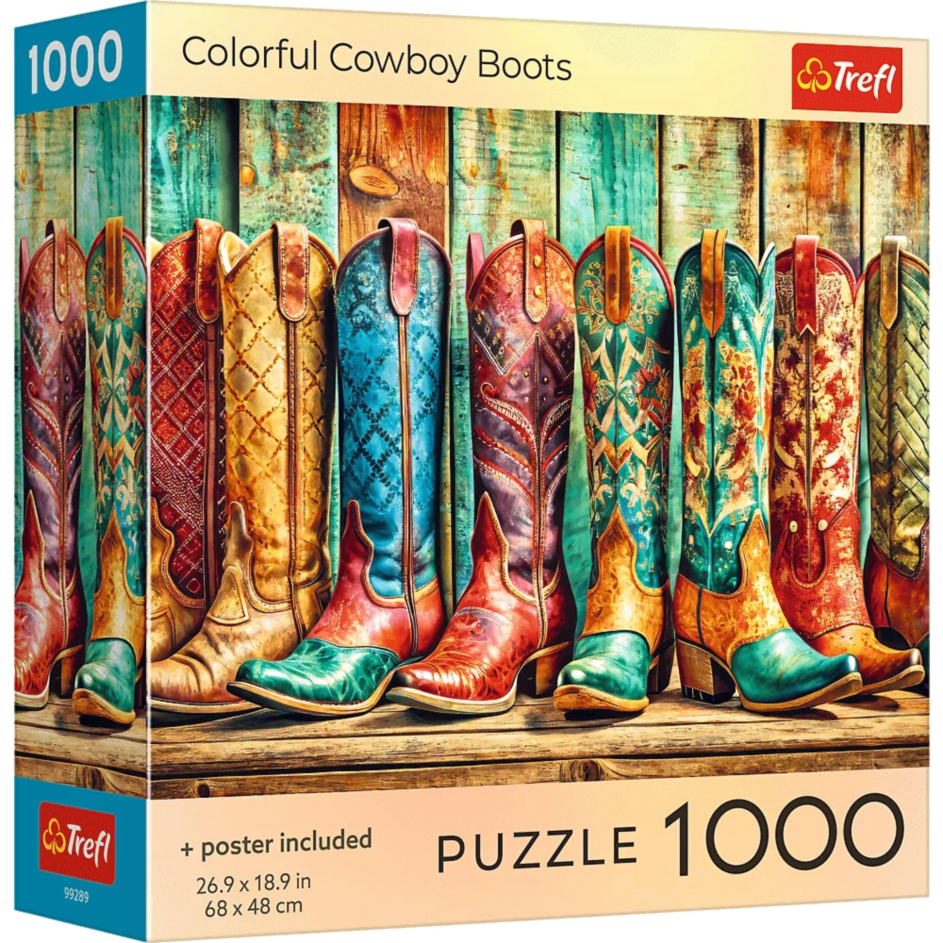 1000 Colorful Cowboy Boots  
Trefl  
PUZZLE 1000  
+ poster included  
26.9 x 18.9 in  
68 x 48 cm  
99289