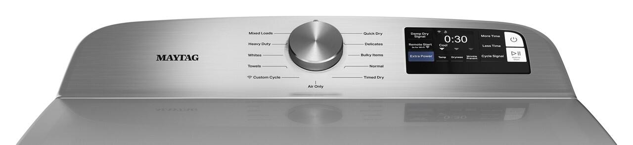 MAYTAG

Mixed Loads  
Heavy Duty  
Whites  
Towels  
Custom Cycle  
Air Only  
Timed Dry  

Quick Dry  
Delicates  
Bulky Items  
Normal  

Damp Dry  
Remote Start  
Extra Power  
Temp  
Dryness  
Wrinkle Prevent  

Cycle Signal  
More Time  
Less Time  
Cycle Signal  

0:30