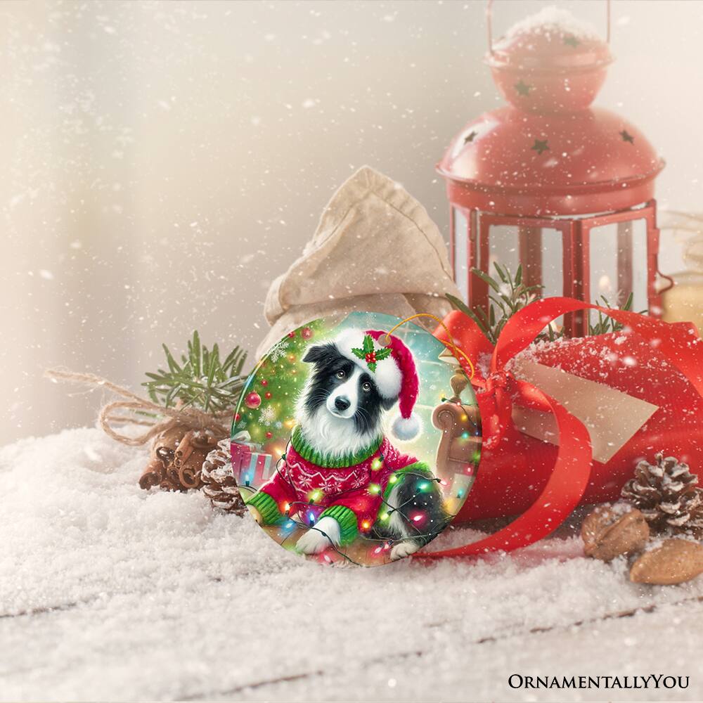 Back. OrnamentallyYou - Playful Border Collie with Santa Hat Ornament Festive Canine Christmas Decor Circle Version - Multi-colored.