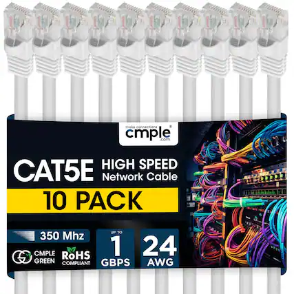 IS 21 21 21 make connections cmple.com HIGH SPEED CAT5E Network Cable 10 PACK UP TO 350 Mhz CMPLE RoHS 1 24 S GREEN COMPLIANT GBPS AWG