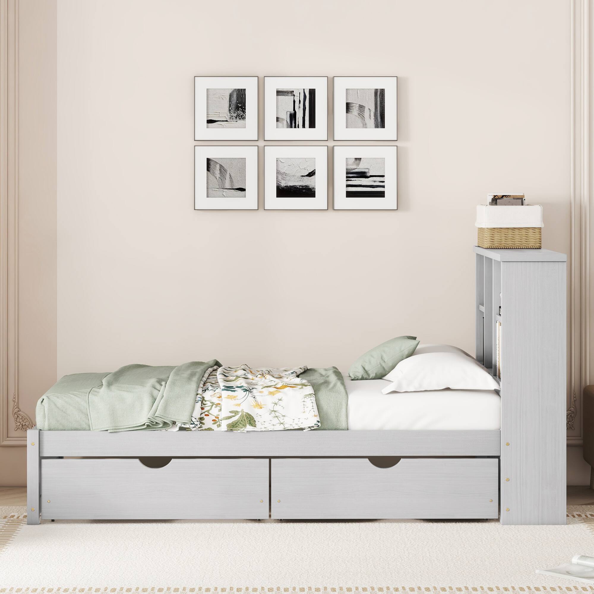 Back. GOODSILO - Contemporary Twin Size Bed Frame with USB Charging Port, Bookcase Headboard, and Underbed Storage Drawers - Grey.